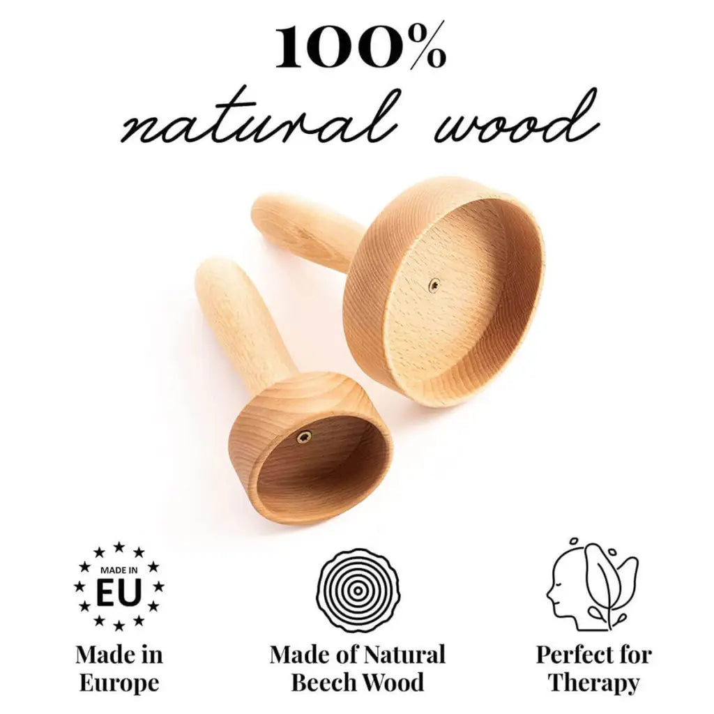 Two wooden massage cups, small and medium, on neutral background