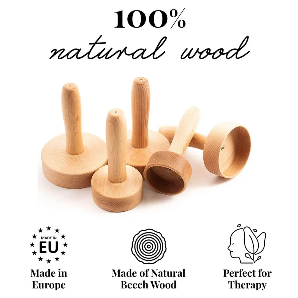 Set of wooden tools with '100% natural wood' text and certification logos on a white background