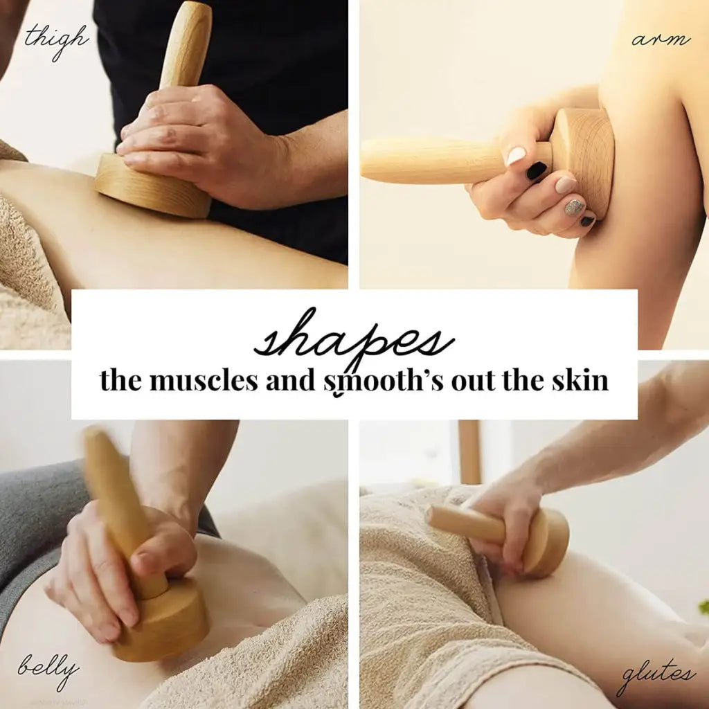 Collage of hands using a wooden massage cuo on different body parts of the body
