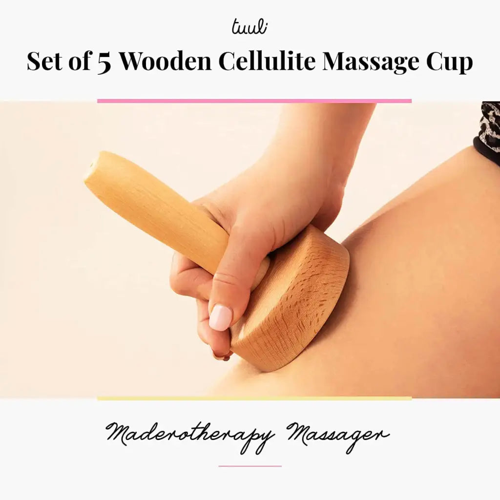 Wooden massage cup being used on a person's back with text about a set of 5 cups and brand name.