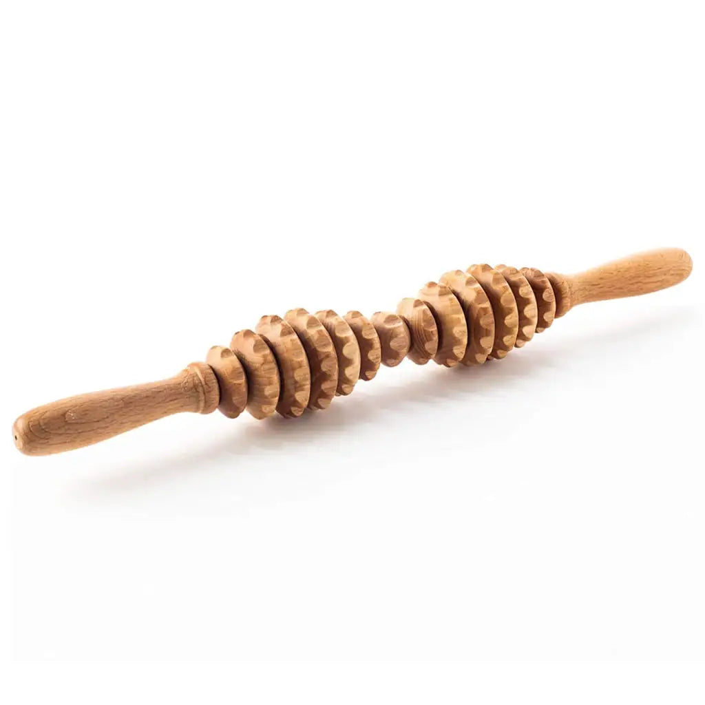 Beechwood oval massage roller (40 cm) on neutral background, full view