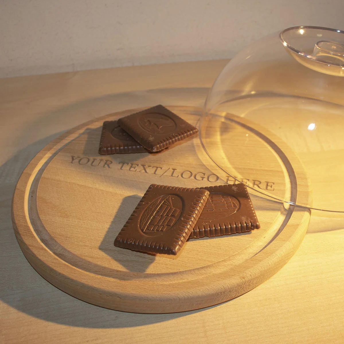 Close-up of hand-crafted juice channel on personalized round cutting board