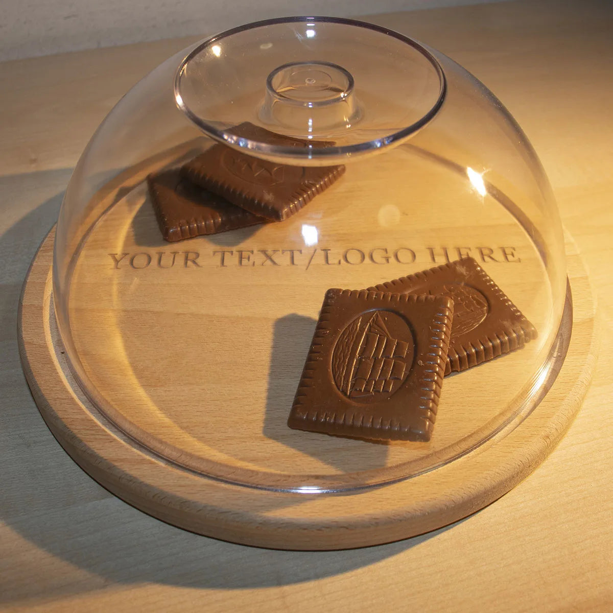 Sustainable wooden round cutting board with custom monogram and storage lid