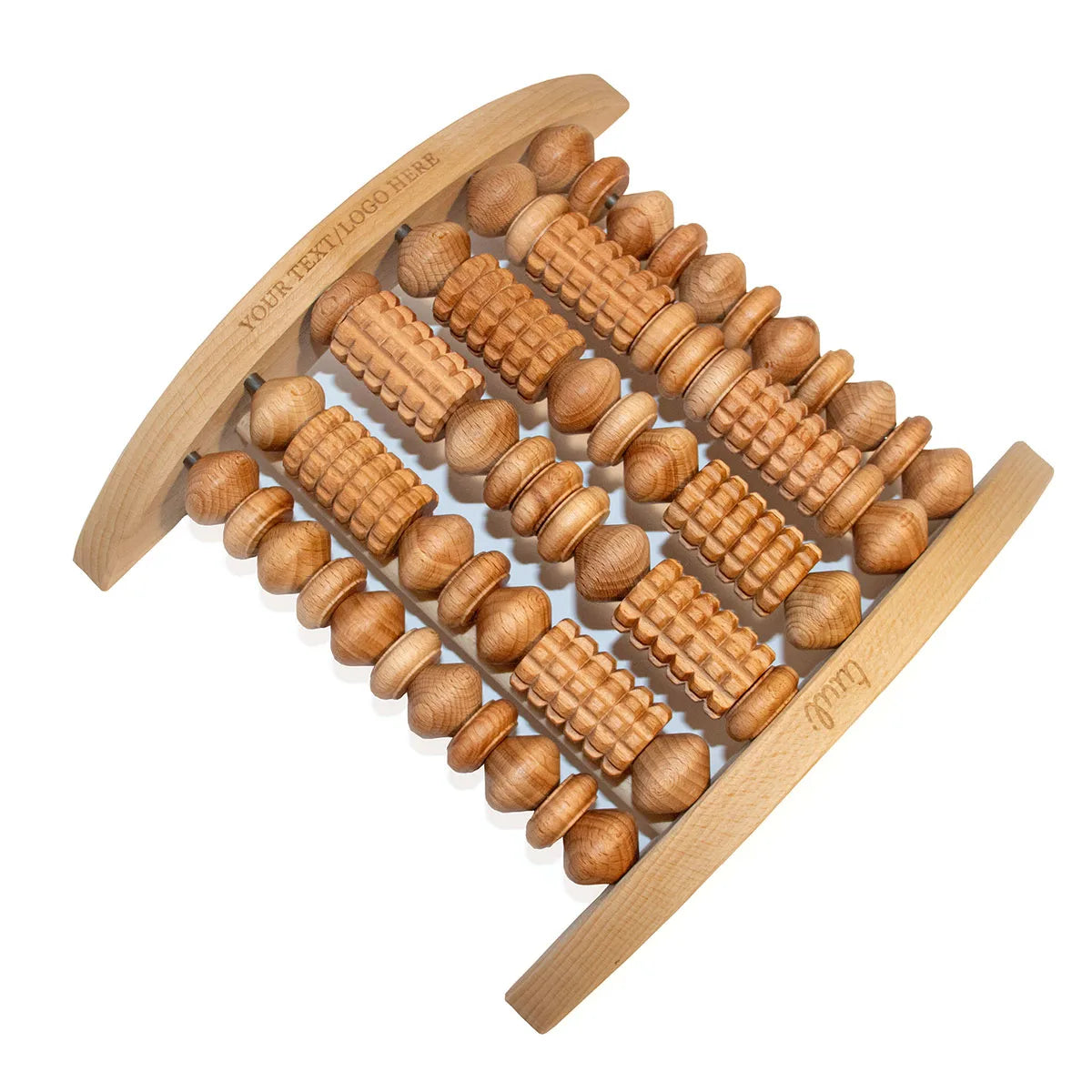Detailed Close-up of Personalized Wooden Foot Roller Showing Precision Craftsmanship and Natural Wood Grain