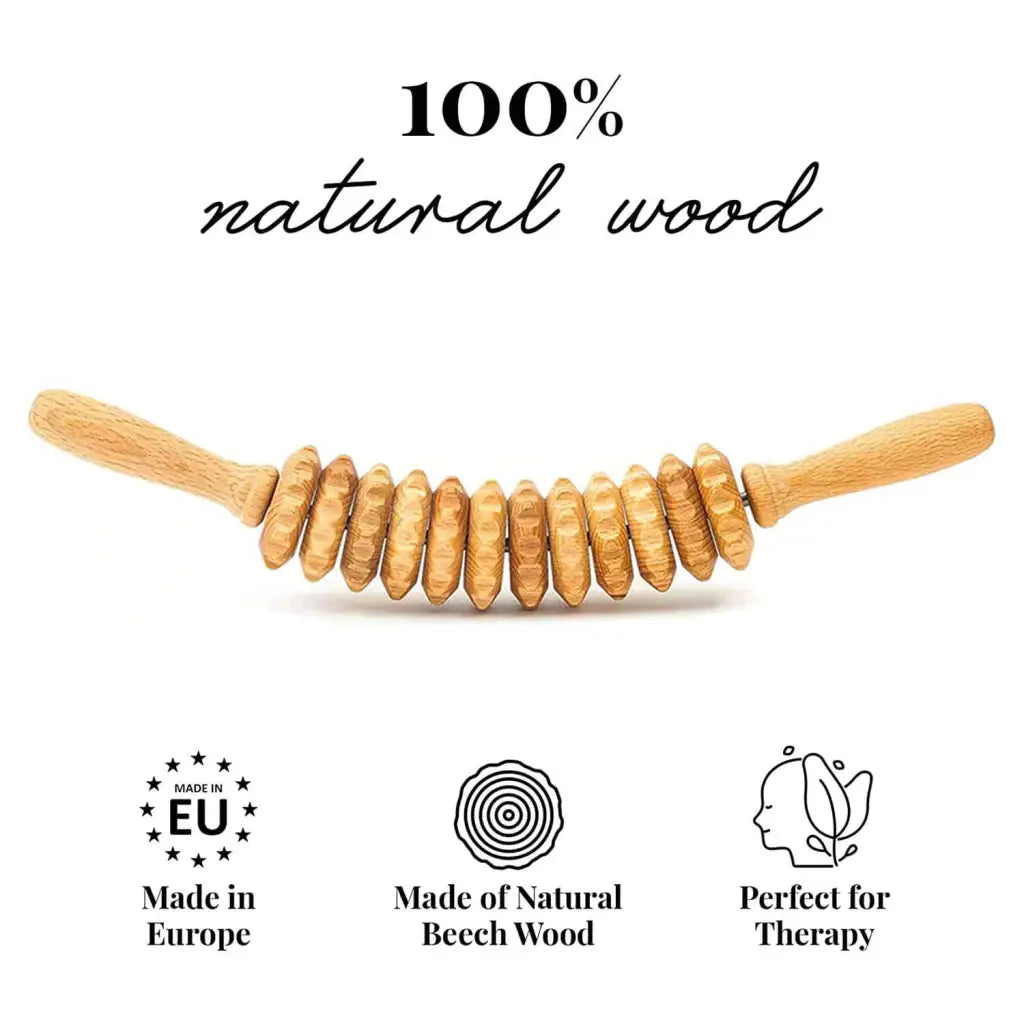 40 cm wooden massage roller placed on a bathroom shelf, lifestyle scene
