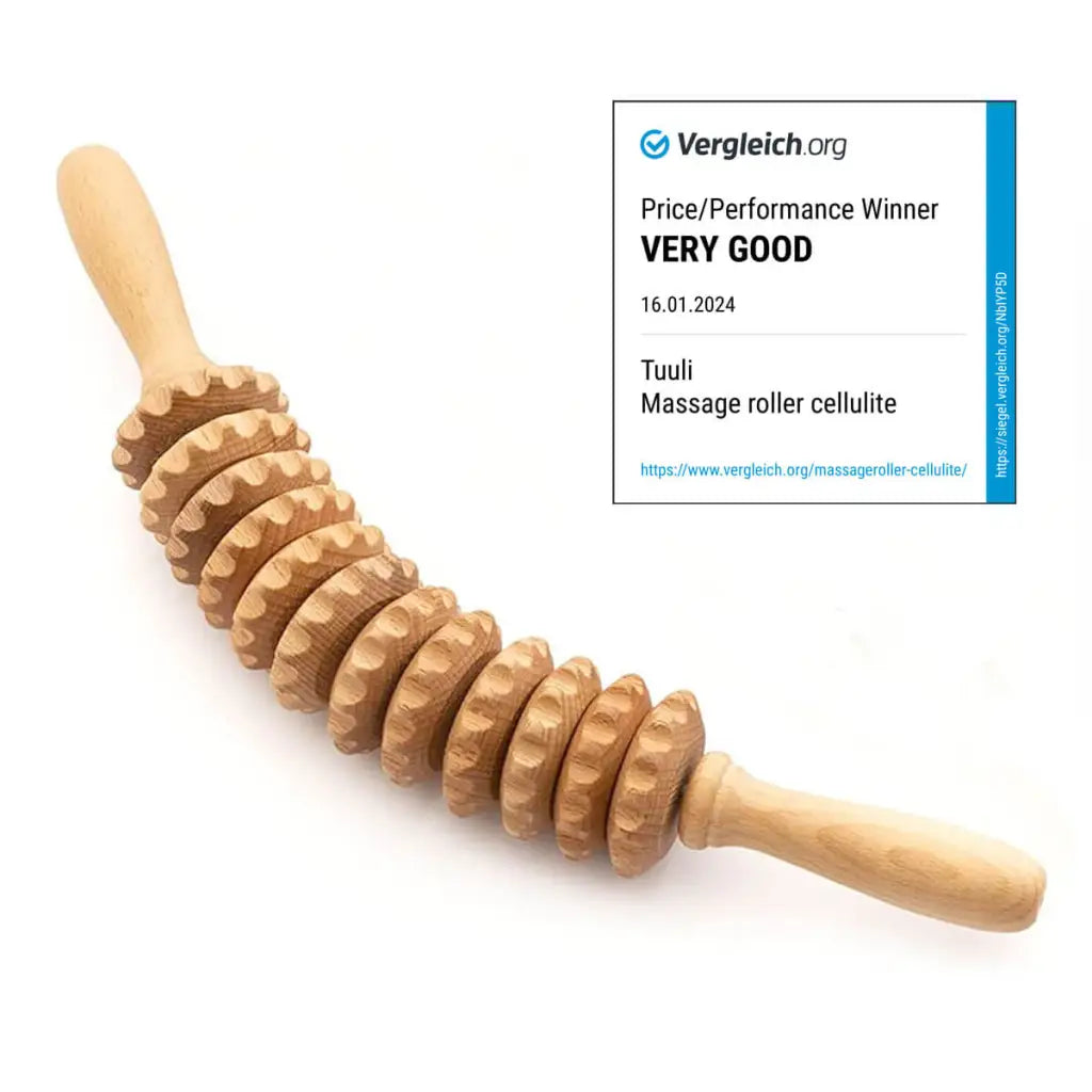 Handcrafted beechwood roller next to a measuring tape indicating 40 cm length