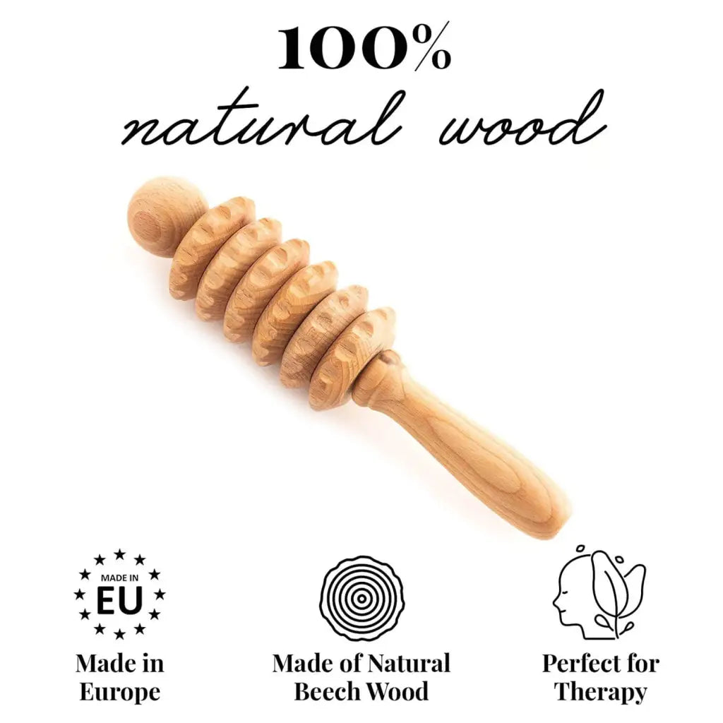 Beechwood back–neck–shoulder massage roller on neutral background, full view