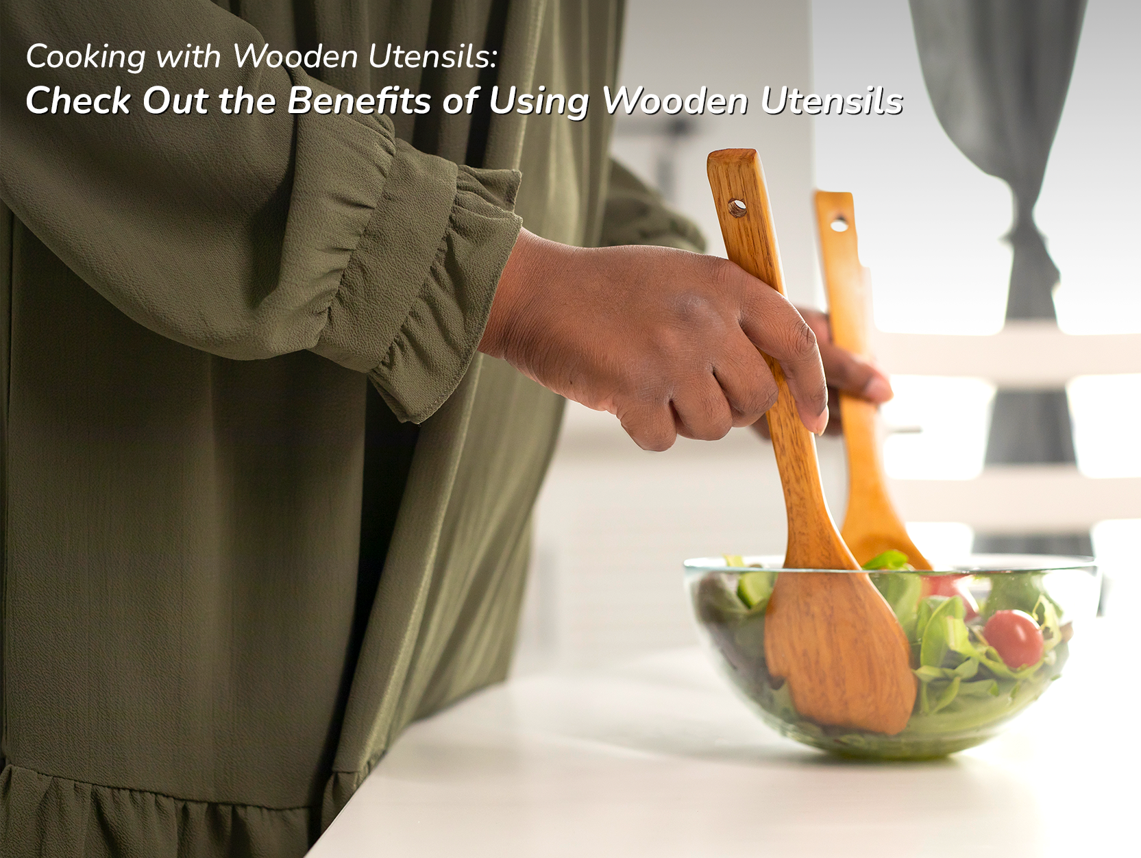 Guy standing and holding wooden spoon in his both hand and holding food from them inside the white bowl