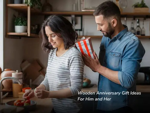 Guy standing behind girl holding wooden gift box behind her back