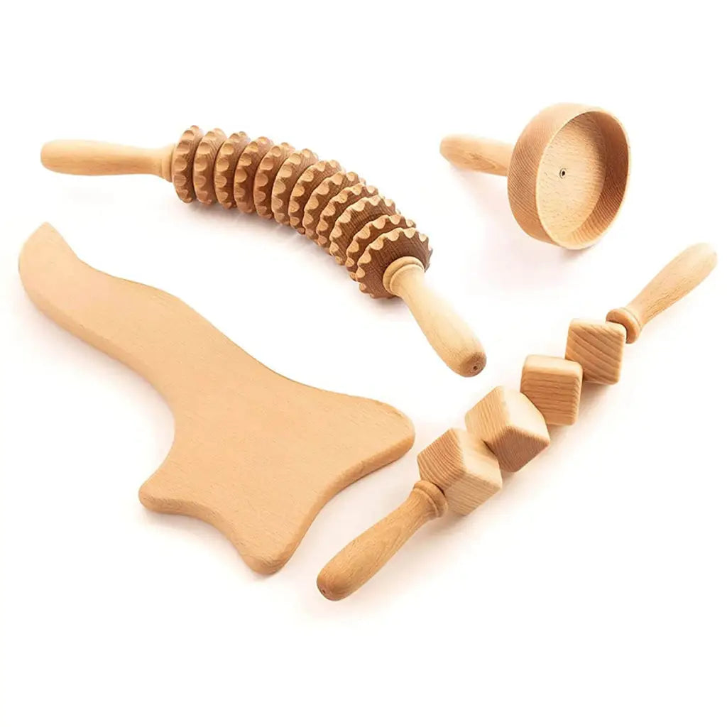 4 Piece Wooden Massager Set - Maderotherapy Roller, Paddle, Swedish Cup