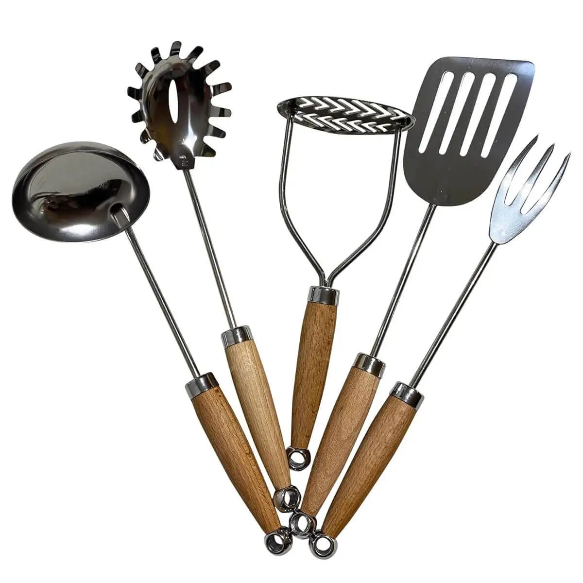 Premium 5-piece wooden kitchen utensil set with stainless steel and European wood handles