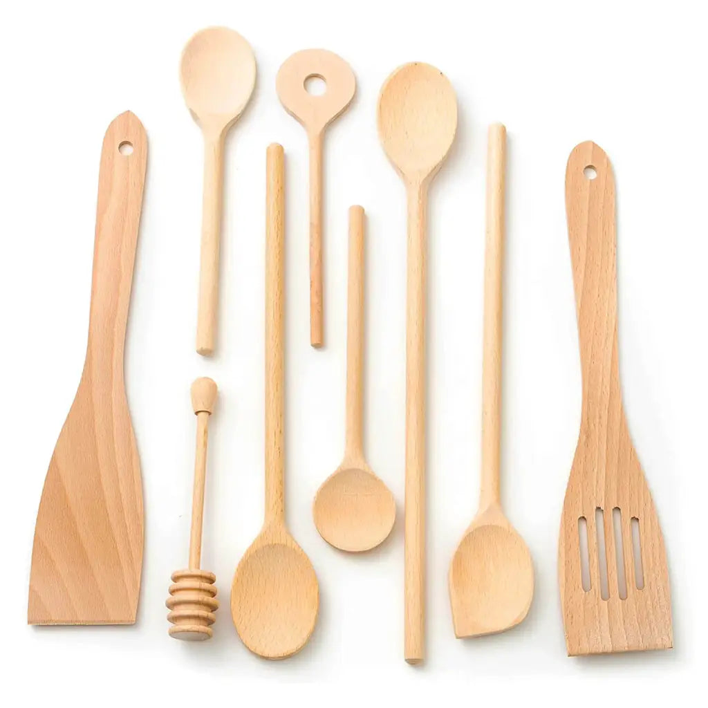 9 Piece Wooden Kitchen Utensil Set Handcrafted Tools for Home Cooks