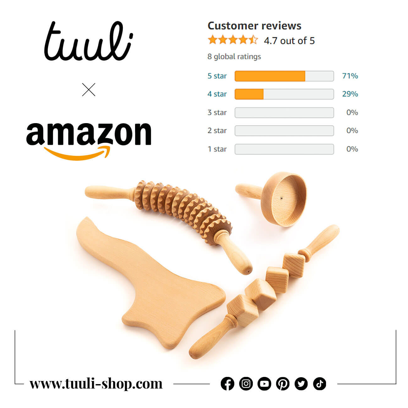 4 Piece Wooden Massager Set Maderotherapy Tuuli on Amazon