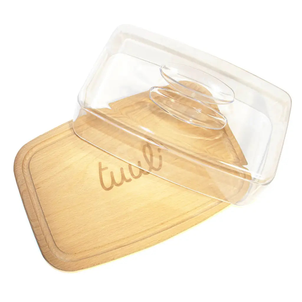 Premium personalized wooden cutting board with lid displaying family name in elegant typography