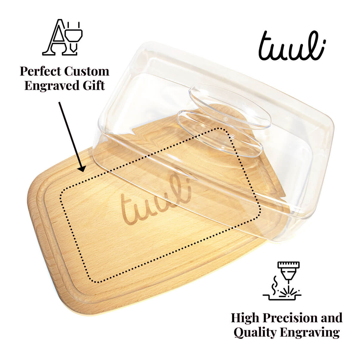 Custom engraved wooden cutting board with measurement markings and built-in storage lid