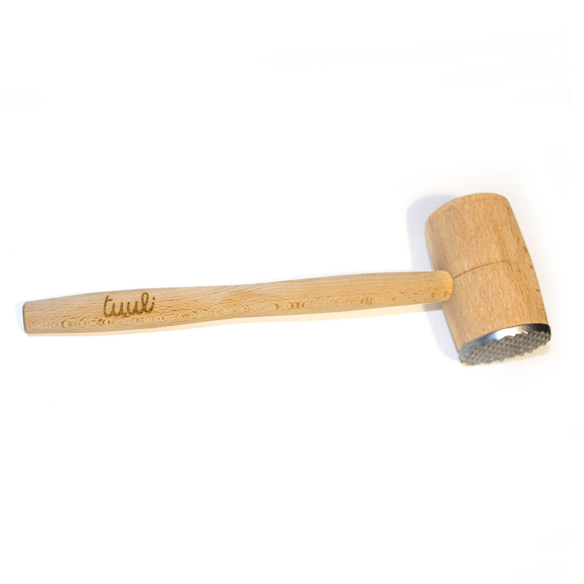 Professional-grade wooden meat tenderizer showing dual-sided mallet head texture