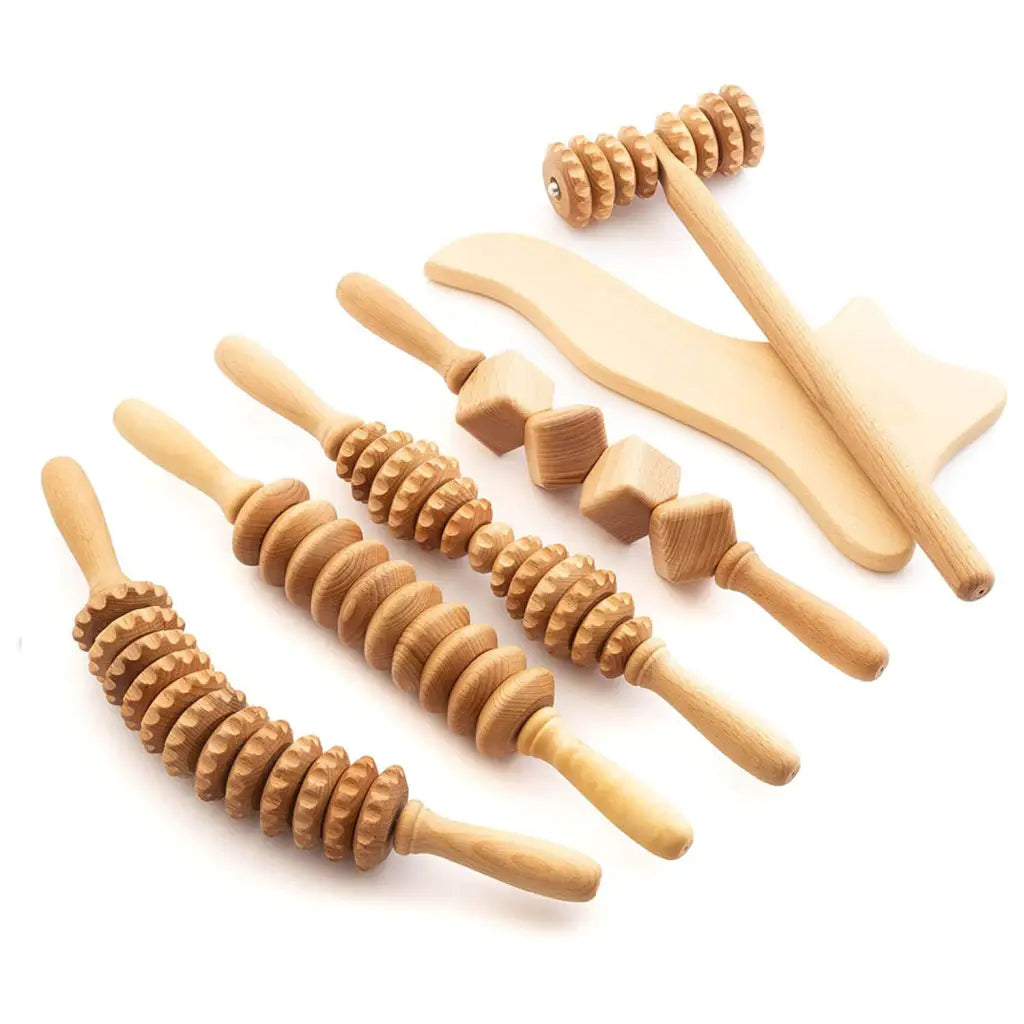 Maderotherapy Wooden Massager Set - 6-Piece Roller Paddle Kit for Relaxation