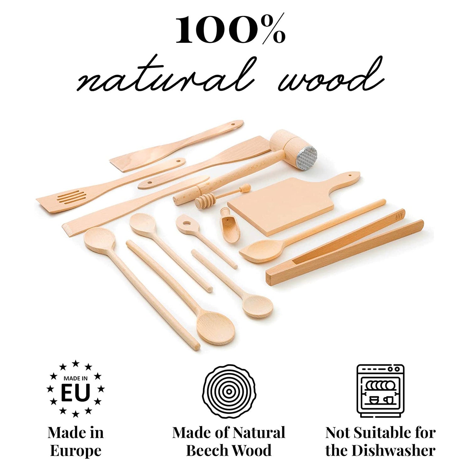 15 Piece Wooden Kitchen Utensil Set - 100% Natural Wood