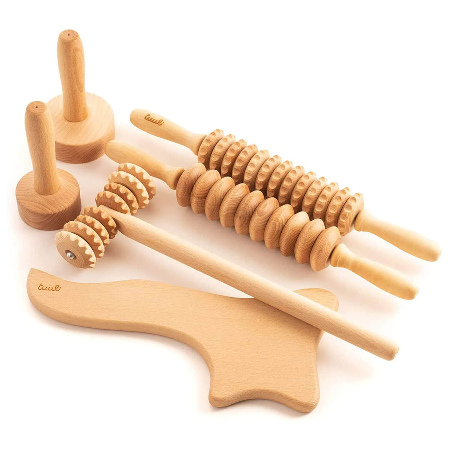6 Piece Wooden Massager Set - Maderotherapy Roller Paddle Cup Relaxation and Wellness